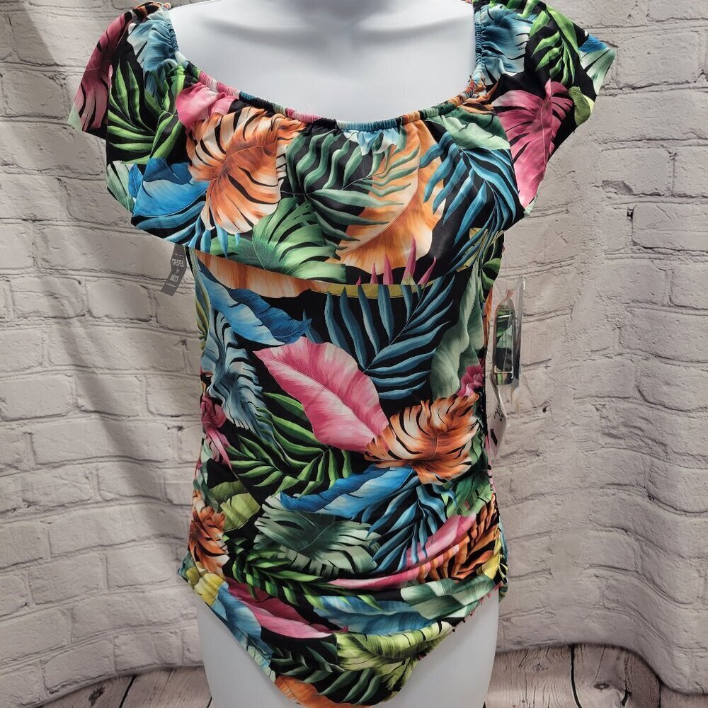Swim Solutions Off The Shoulder Ruffle Palm Black One Piece Swimsuit
